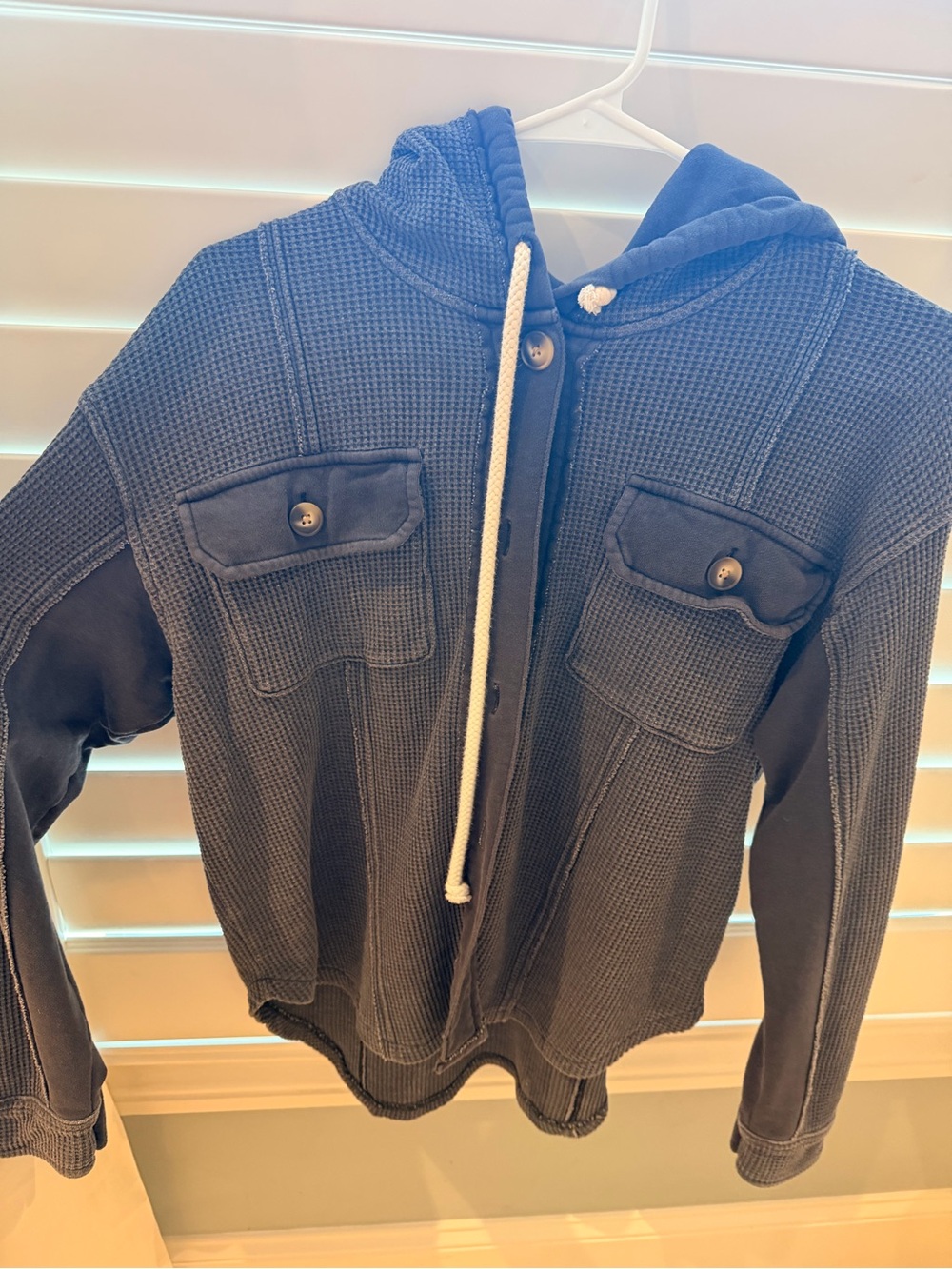 American Eagle Outfitters Navy Waffle-Knit Hooded Shirt Jacket